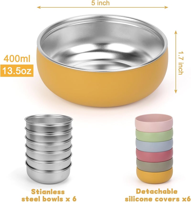 ShineMe Stainless Steel Bowls, 6 pack Snack Containers with Removable Colorful Silicone Sleeves, Unbreakable Kids Bowls for Icecream, Soup, Cereal, Yogurt... - Image 2
